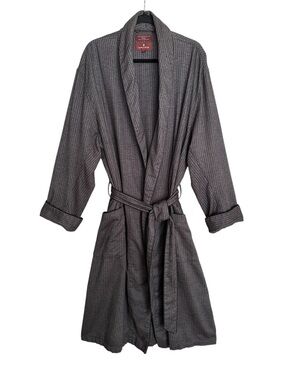 Vintage Nordstrom Cotton Flannel Wrap Robe Gray Herringbone Loungewear‎ Sz Large